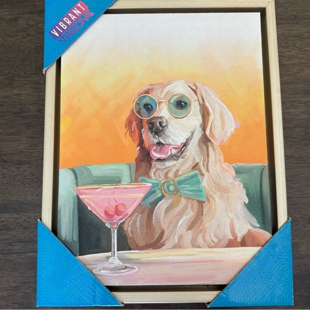 Golden Retriever Dog Martini Cocktail Framed Wall Art Decor